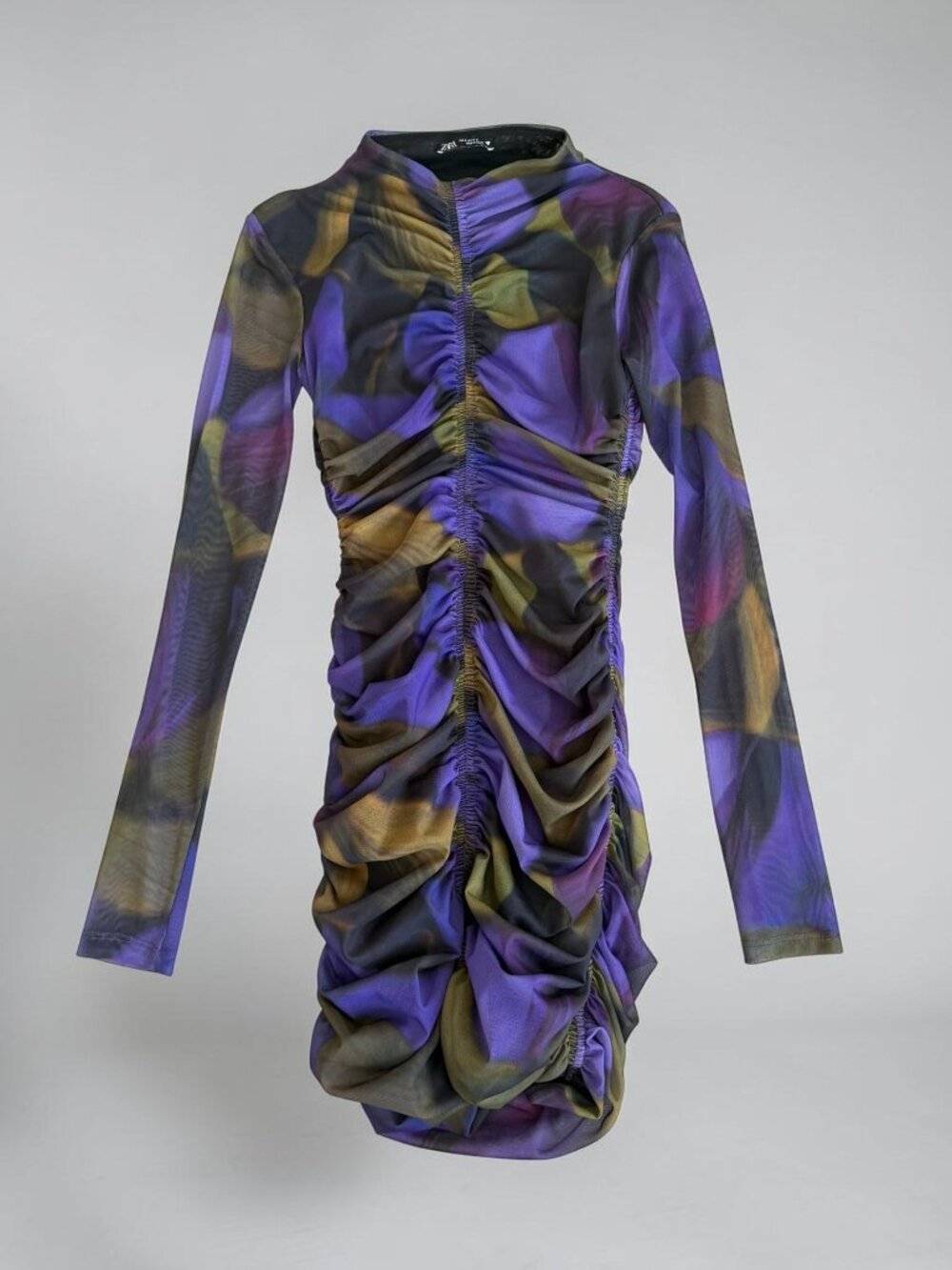 ZARA Purple Green Fauna Ruched Mini Dress Size Small